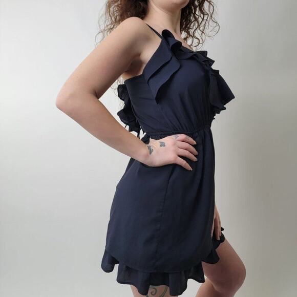 Navy Blue Ruffled Romper Mini Dress L - Picture 1 of 11